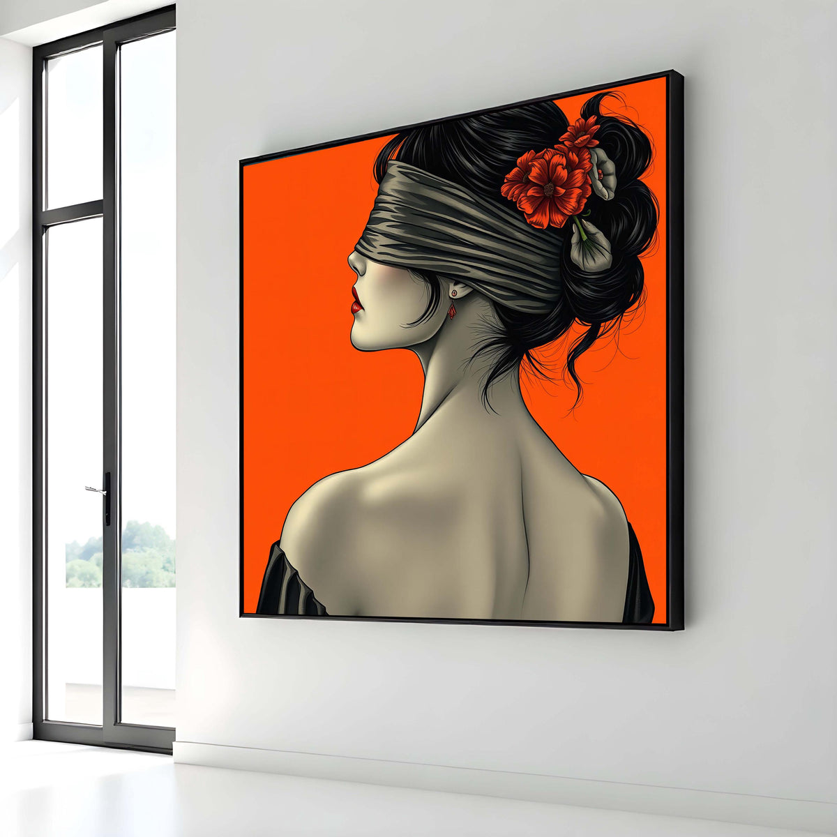 Blindfolded Woman Art Print, Red Floral Portrait, Minimalist Wall Art, Woman Poster, Mysterious Woman Decor, Ready to Hang Canvas