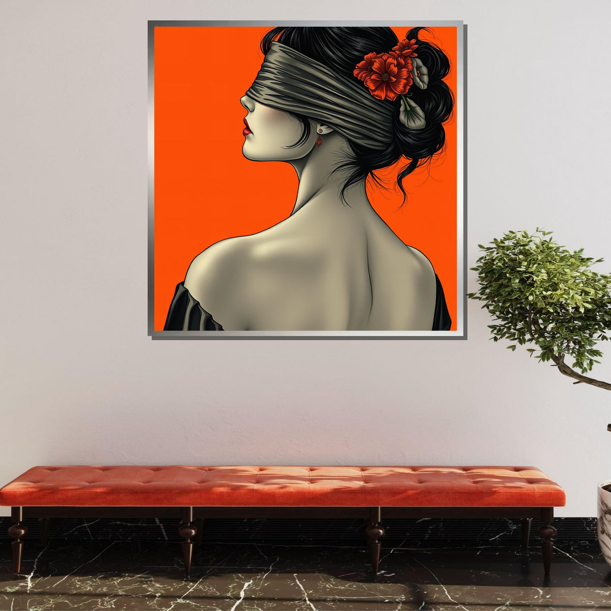 Blindfolded Woman Art Print, Red Floral Portrait, Minimalist Wall Art, Woman Poster, Mysterious Woman Decor, Ready to Hang Canvas