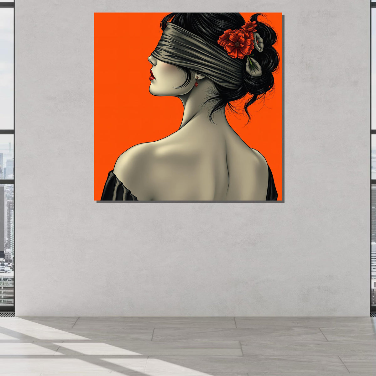 Blindfolded Woman Art Print, Red Floral Portrait, Minimalist Wall Art, Woman Poster, Mysterious Woman Decor, Ready to Hang Canvas