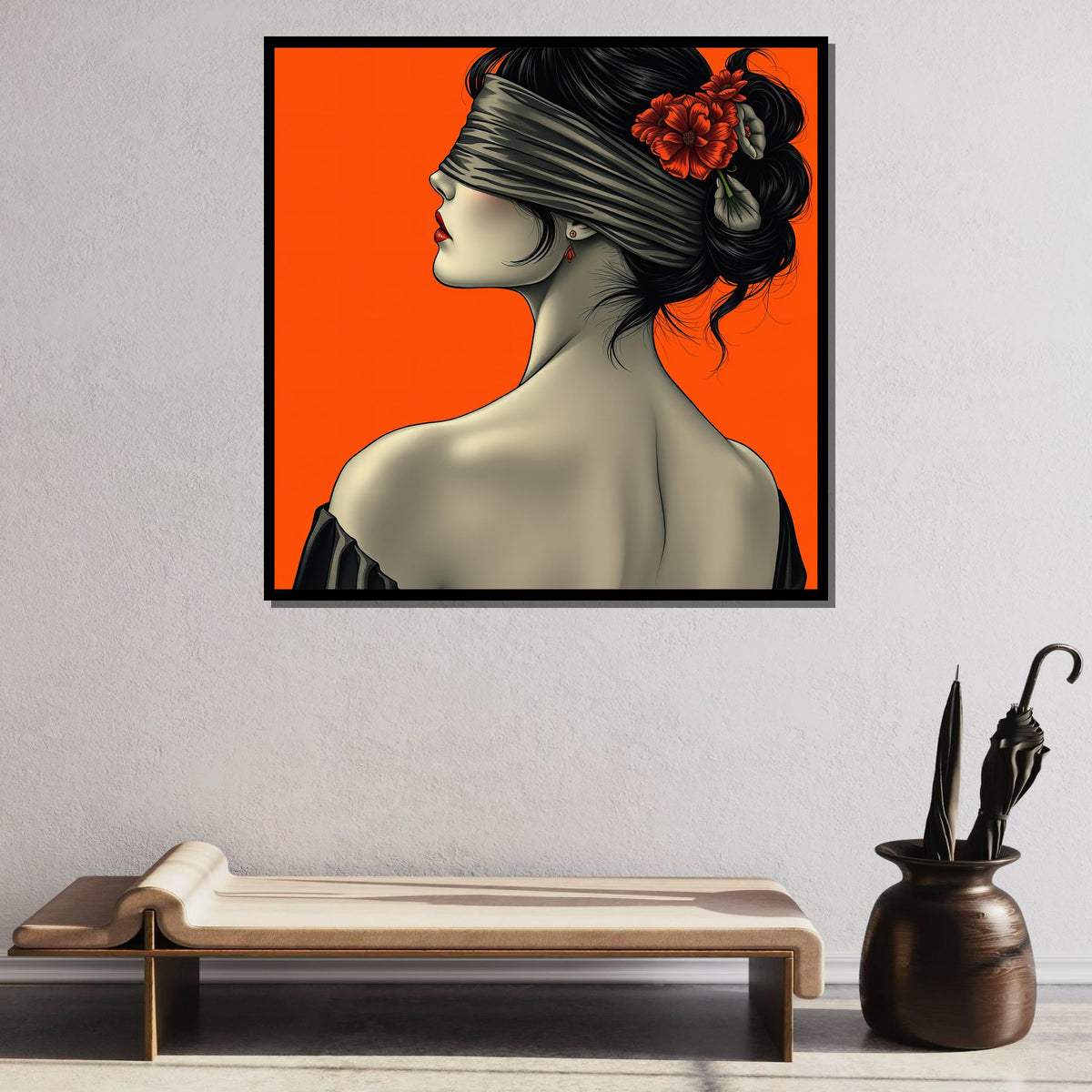 Blindfolded Woman Art Print, Red Floral Portrait, Minimalist Wall Art, Woman Poster, Mysterious Woman Decor, Ready to Hang Canvas