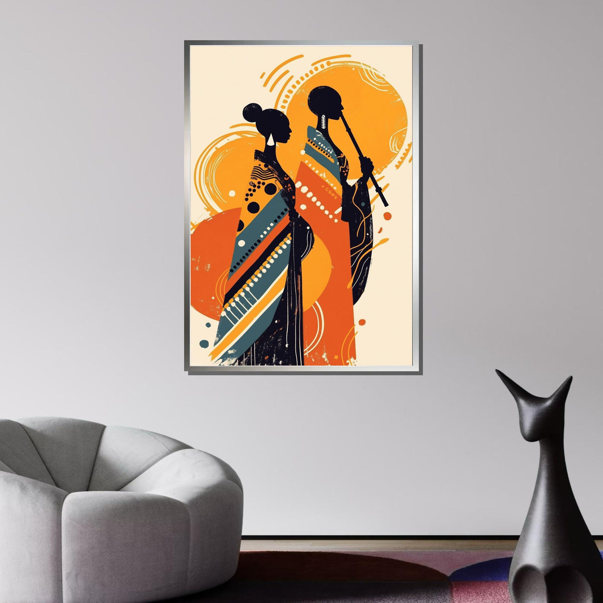 African Silhouette Art, Tribal Couple Print, Modern Boho Wall Decor, Bold Abstract Canvas, Black Woman Art, Ready to Hang, Large Wall Art