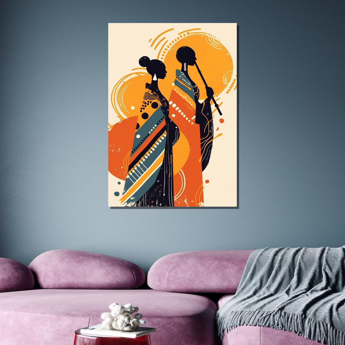 African Silhouette Art, Tribal Couple Print, Modern Boho Wall Decor, Bold Abstract Canvas, Black Woman Art, Ready to Hang, Large Wall Art
