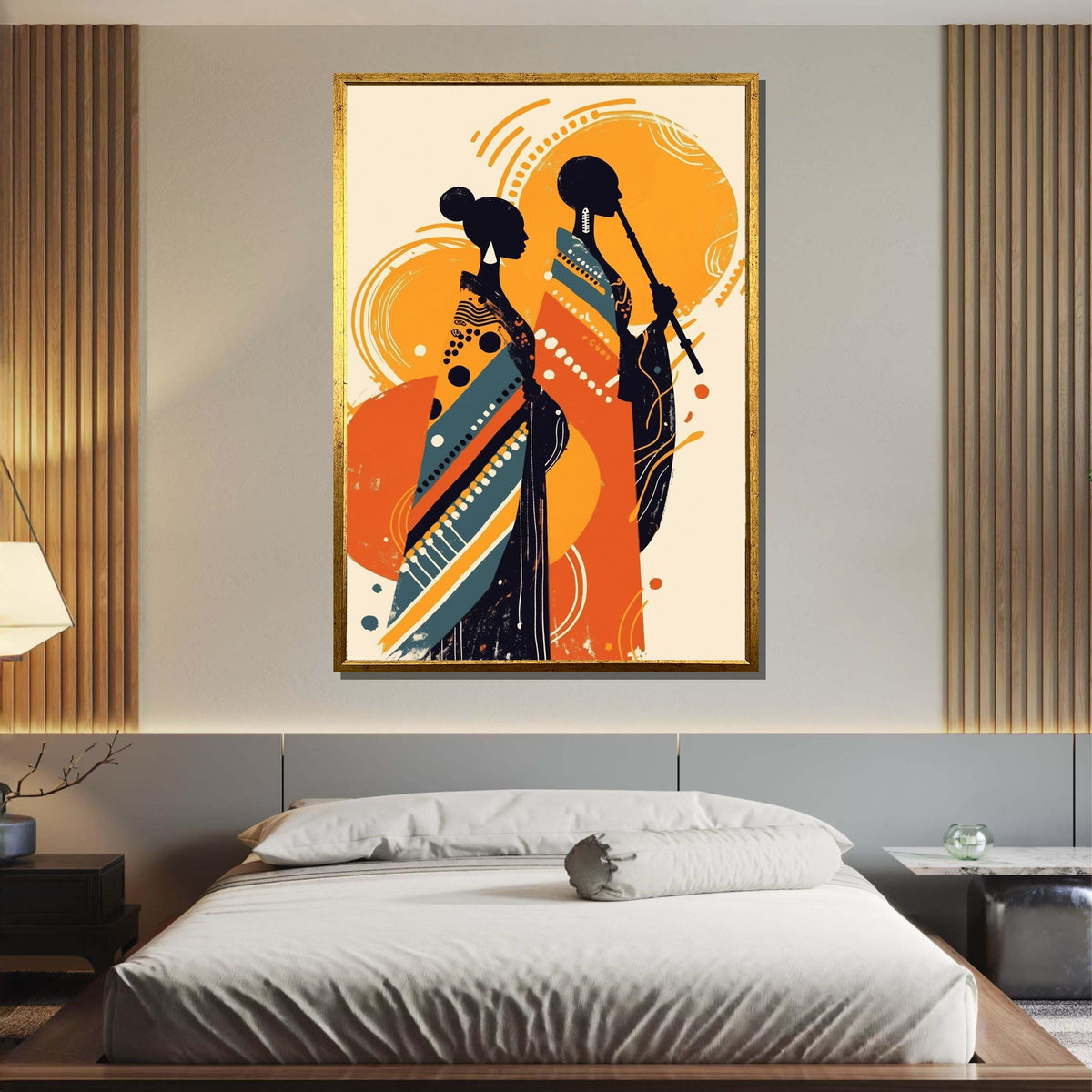 African Silhouette Art, Tribal Couple Print, Modern Boho Wall Decor, Bold Abstract Canvas, Black Woman Art, Ready to Hang, Large Wall Art