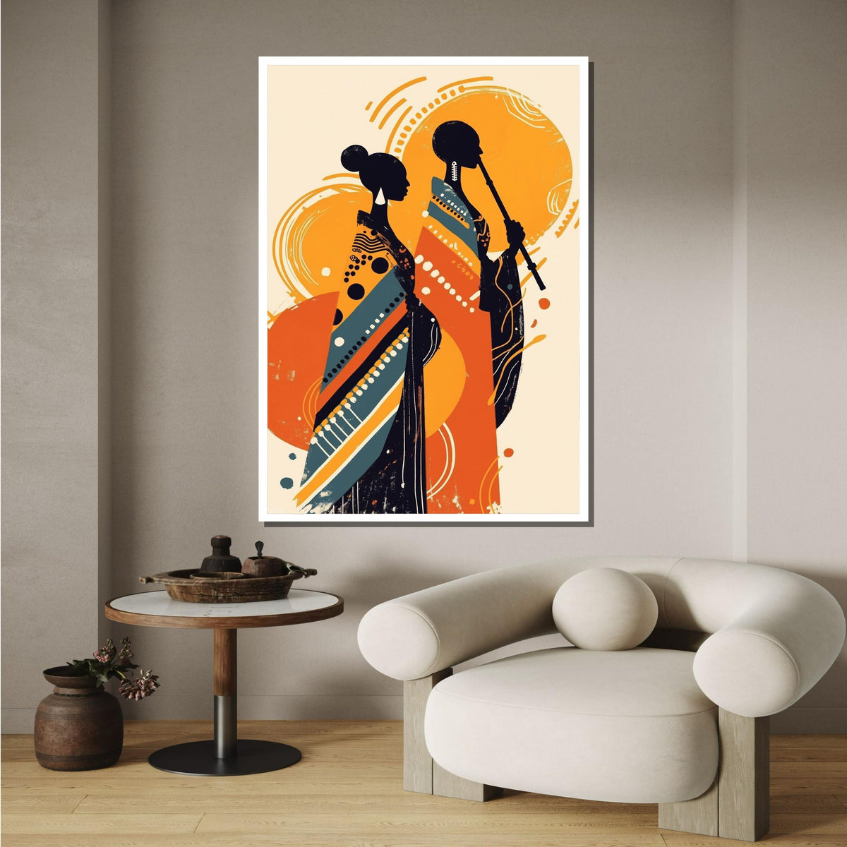 African Silhouette Art, Tribal Couple Print, Modern Boho Wall Decor, Bold Abstract Canvas, Black Woman Art, Ready to Hang, Large Wall Art
