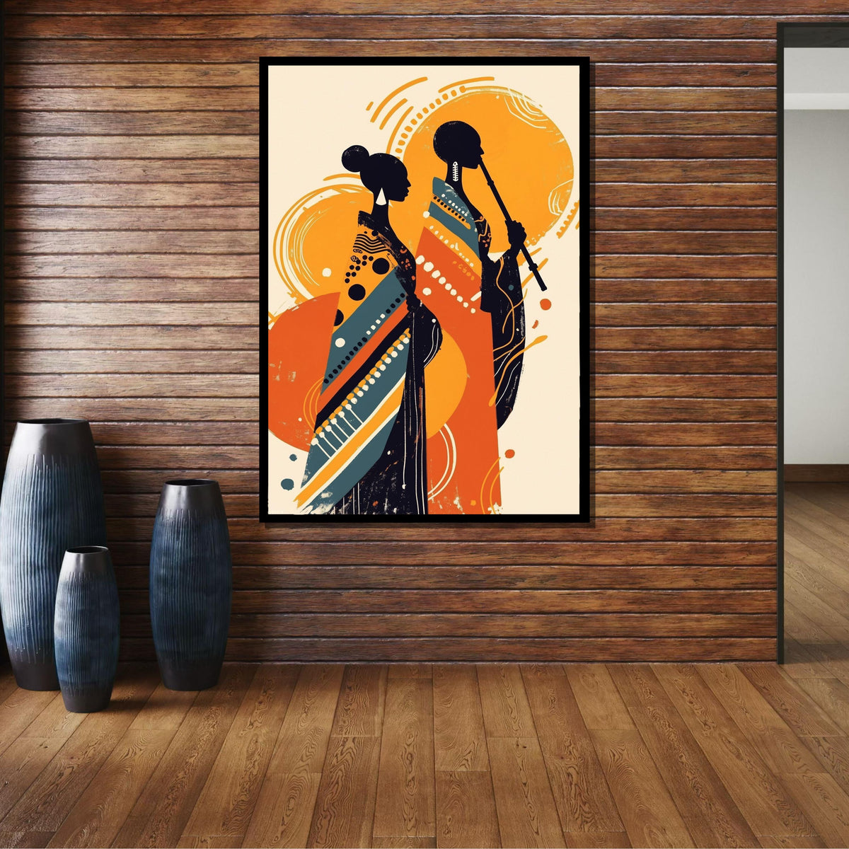 African Silhouette Art, Tribal Couple Print, Modern Boho Wall Decor, Bold Abstract Canvas, Black Woman Art, Ready to Hang, Large Wall Art