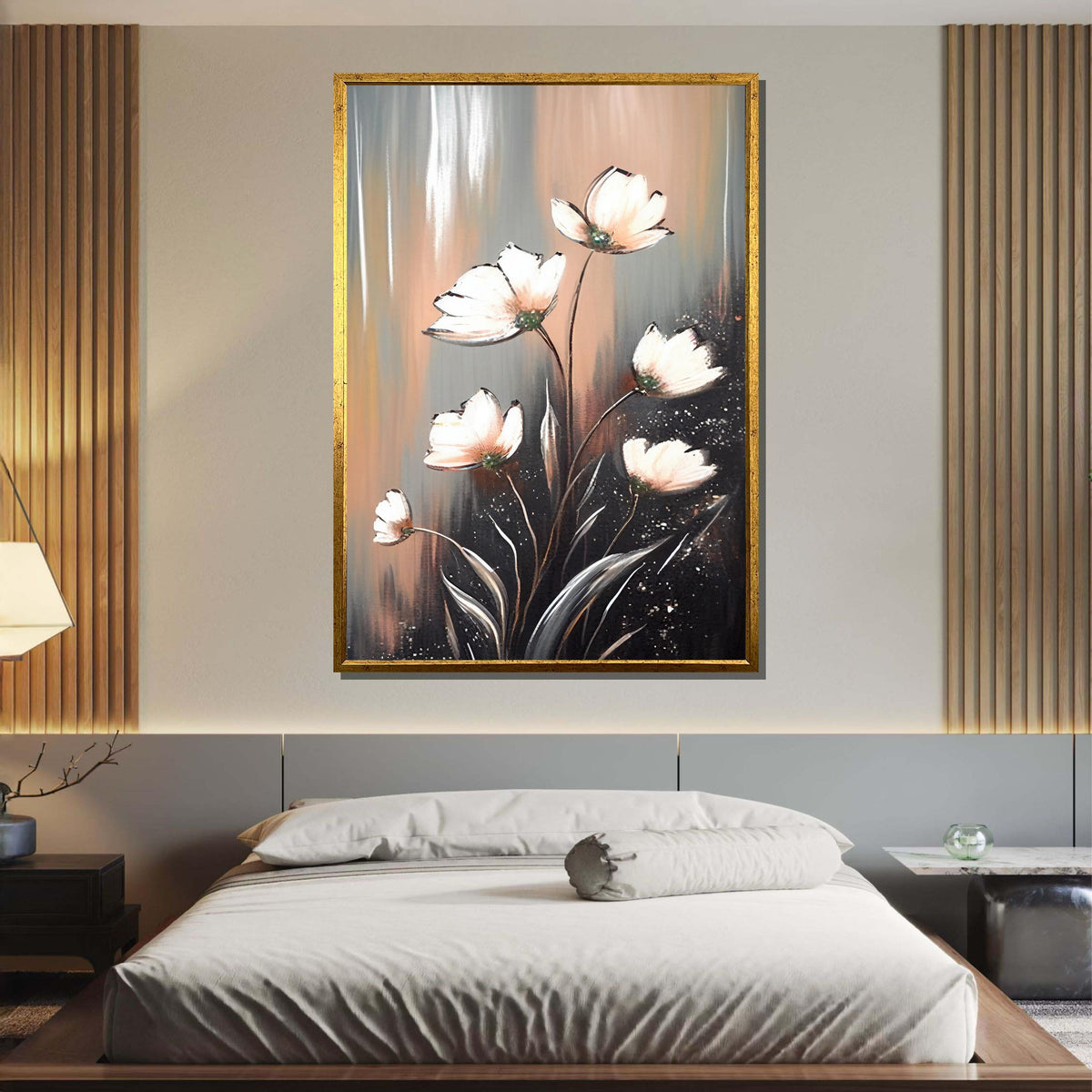 Elegant White Floral Canvas, Modern Flower Art, Minimalist Bloom Painting, Wall Art Decor, Pastel Flower Artwork,Ready to Hang Canvas