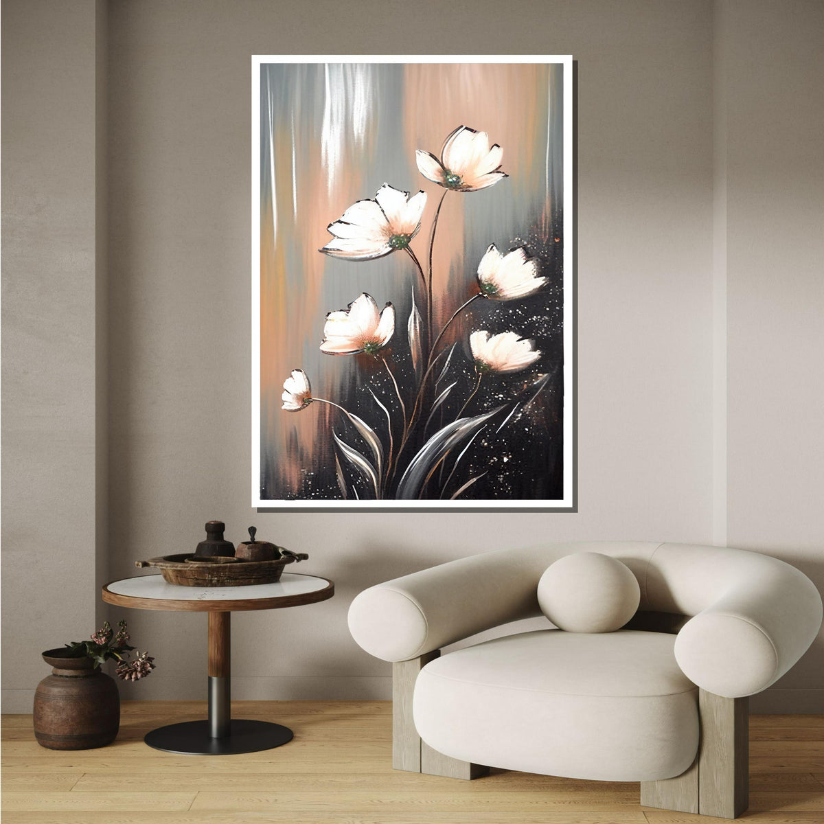 Elegant White Floral Canvas, Modern Flower Art, Minimalist Bloom Painting, Wall Art Decor, Pastel Flower Artwork,Ready to Hang Canvas