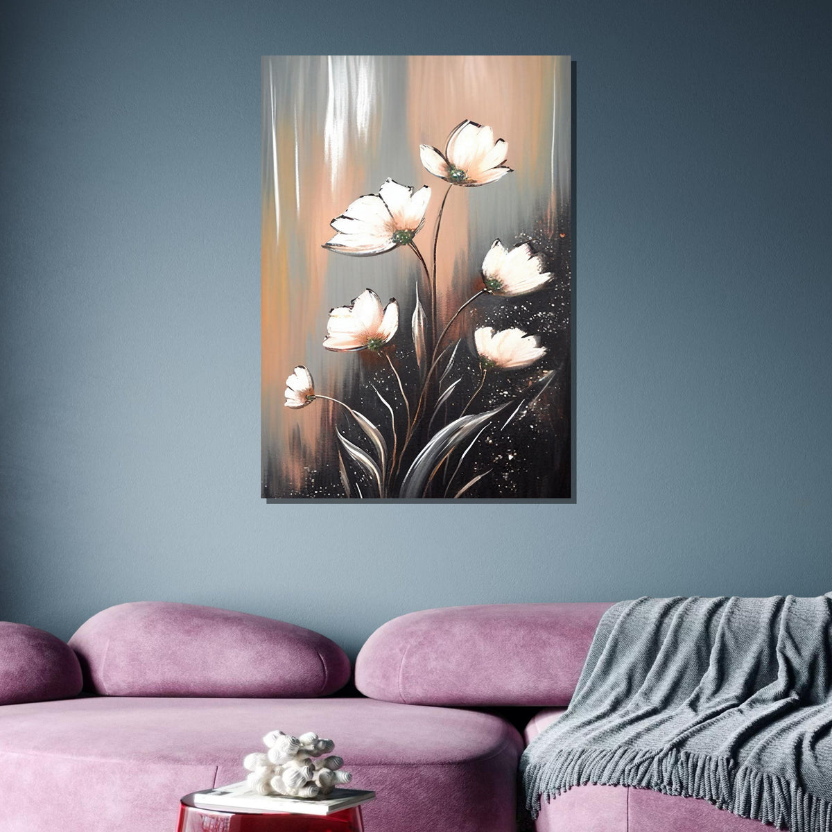 Elegant White Floral Canvas, Modern Flower Art, Minimalist Bloom Painting, Wall Art Decor, Pastel Flower Artwork,Ready to Hang Canvas
