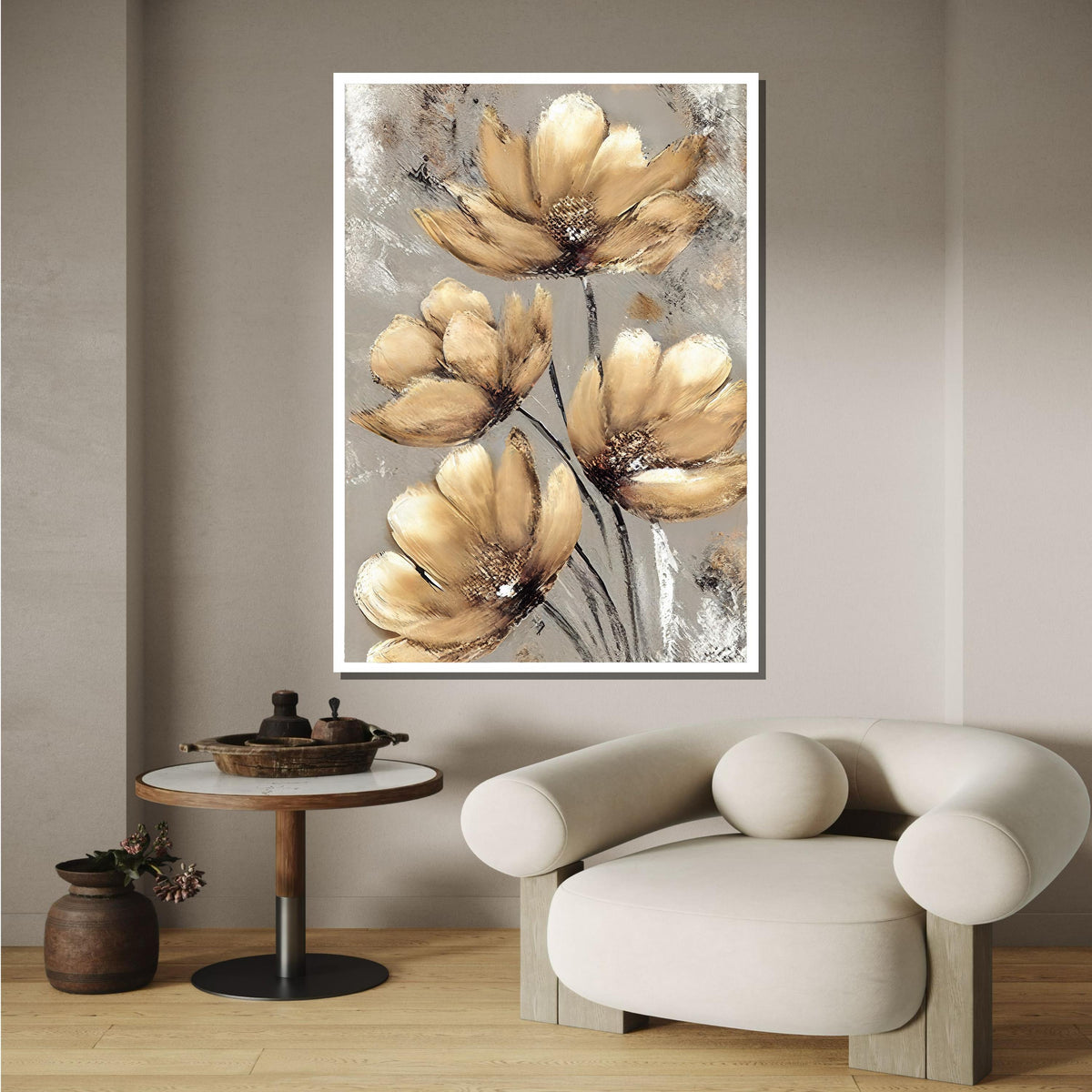 Beige Floral Canvas Art, Neutral Flower Painting, Elegant Wall Decor, Botanical Artwork,Wall Art, Pastel Flower Artwork,Ready to Hang Canvas