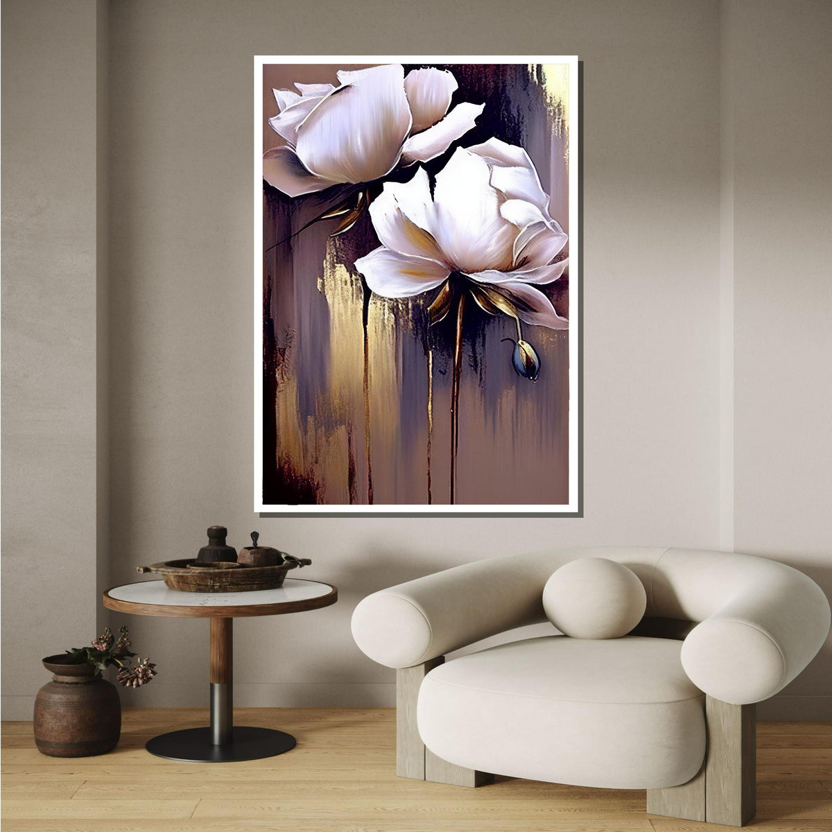Elegant White Floral Canvas, Modern Flower Art, Minimalist Bloom Painting, Wall Art Decor, Pastel Flower Artwork,Ready to Hang Canvas