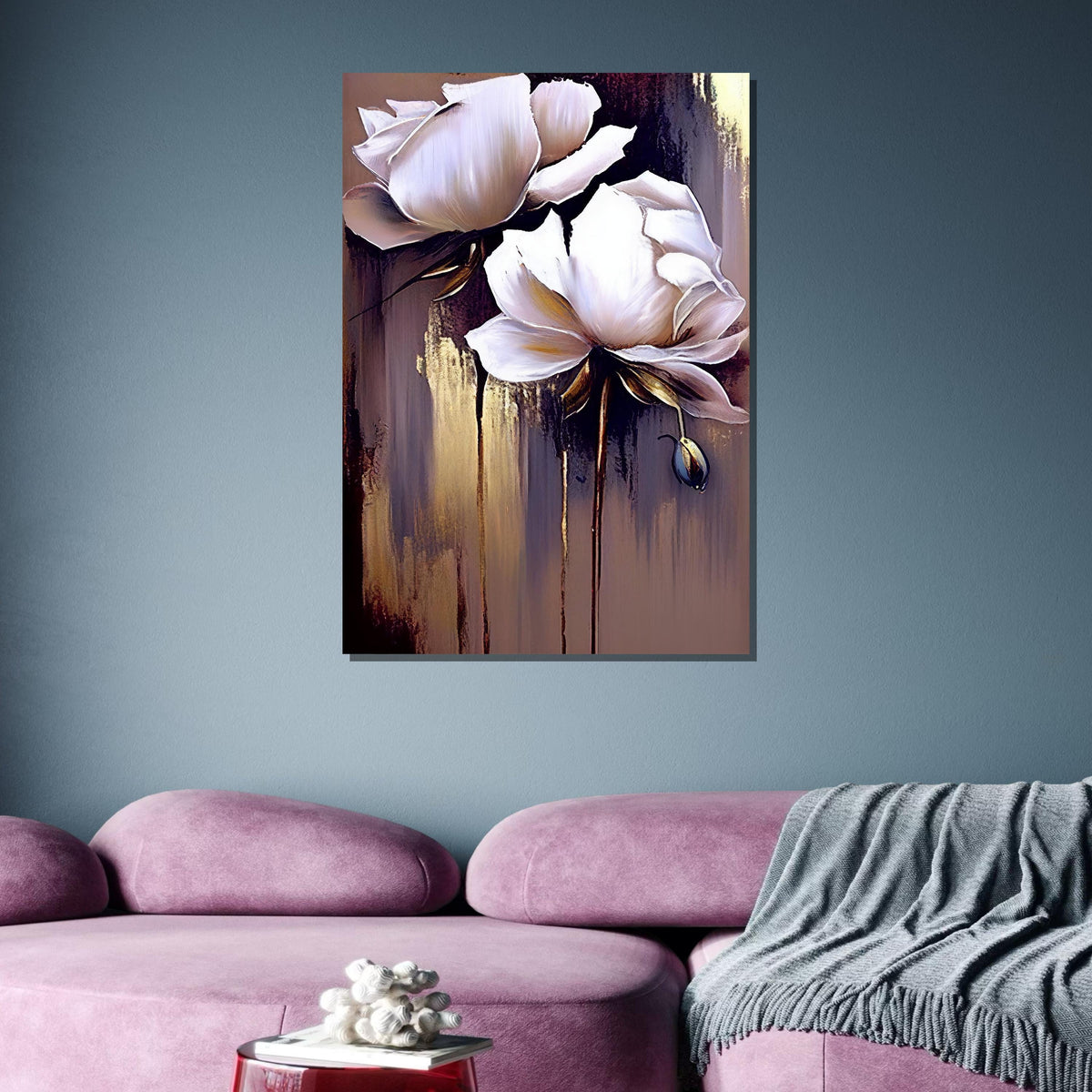 Elegant White Floral Canvas, Modern Flower Art, Minimalist Bloom Painting, Wall Art Decor, Pastel Flower Artwork,Ready to Hang Canvas