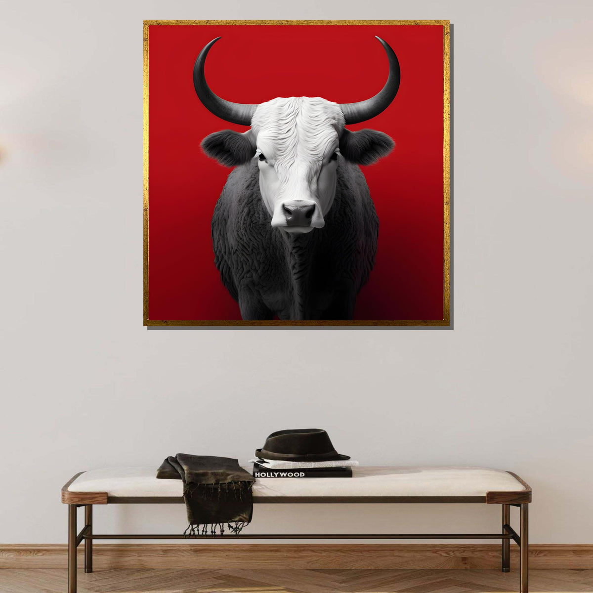 Bold Bull Canvas Art, Minimalist Bull Portrait, Modern Animal Wall Decor, Black and White Bull on Red, Powerful Bull Artwork, Large Wall Art