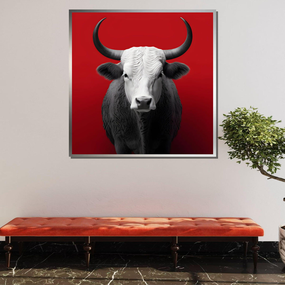 Bold Bull Canvas Art, Minimalist Bull Portrait, Modern Animal Wall Decor, Black and White Bull on Red, Powerful Bull Artwork, Large Wall Art