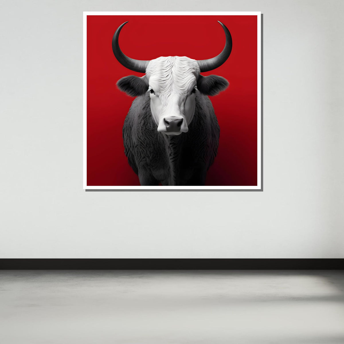 Bold Bull Canvas Art, Minimalist Bull Portrait, Modern Animal Wall Decor, Black and White Bull on Red, Powerful Bull Artwork, Large Wall Art