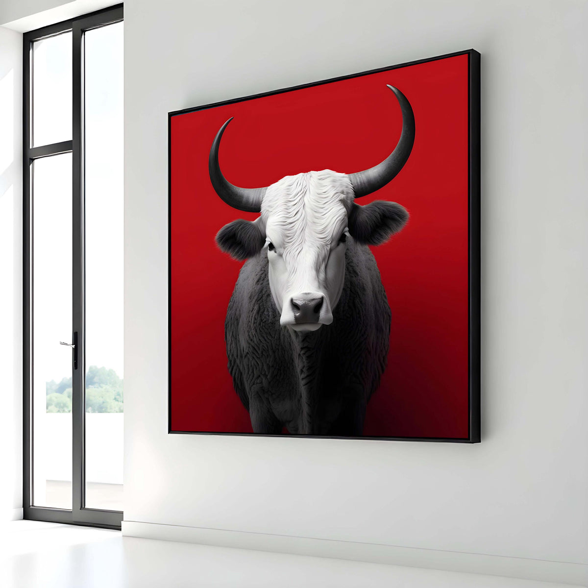 Bold Bull Canvas Art, Minimalist Bull Portrait, Modern Animal Wall Decor, Black and White Bull on Red, Powerful Bull Artwork, Large Wall Art