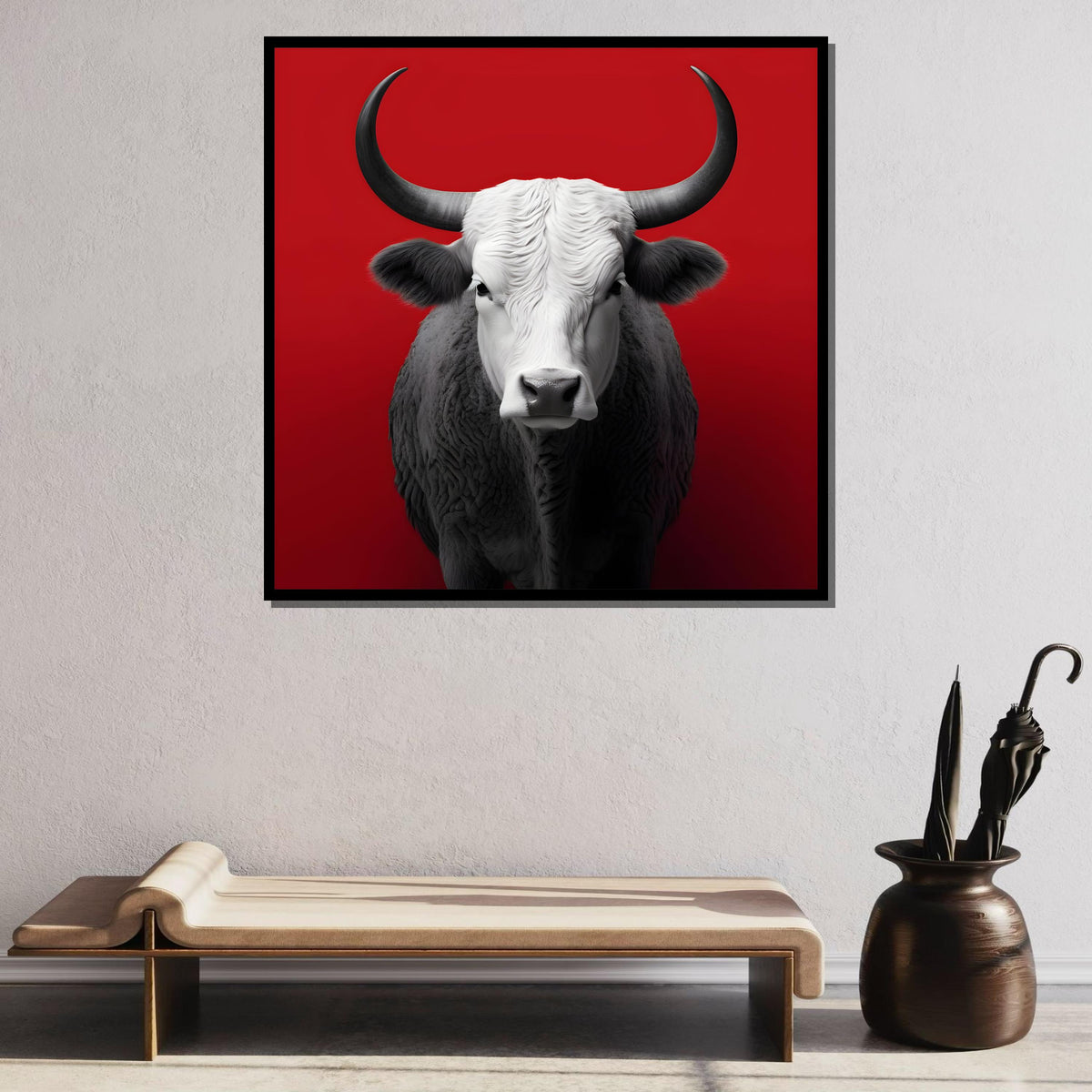 Bold Bull Canvas Art, Minimalist Bull Portrait, Modern Animal Wall Decor, Black and White Bull on Red, Powerful Bull Artwork, Large Wall Art