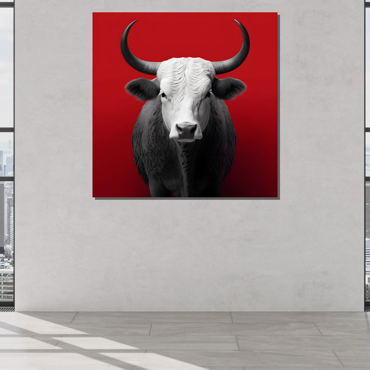 Bold Bull Canvas Art, Minimalist Bull Portrait, Modern Animal Wall Decor, Black and White Bull on Red, Powerful Bull Artwork, Large Wall Art