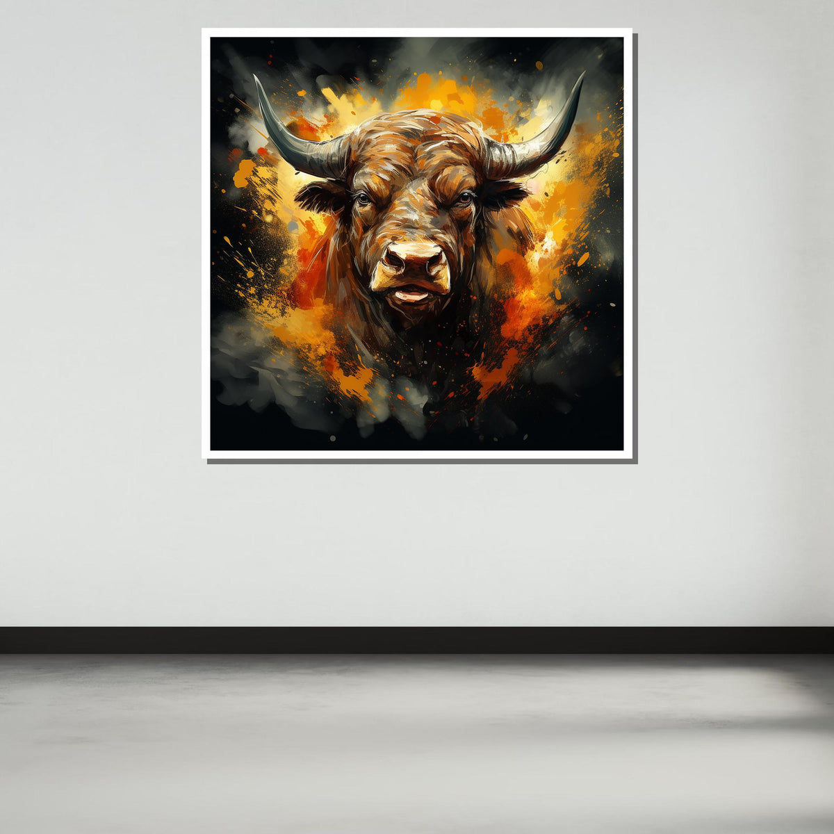 Fiery Bull Canvas Art, Bold Animal Wall Decor, Abstract Bull Painting, Powerful Bull Portrait, Dynamic Bull Artwork, Ready to Hang Canvas