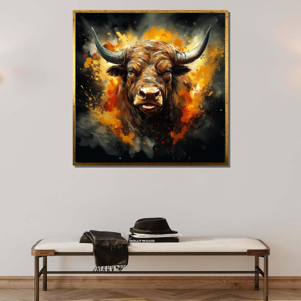 Fiery Bull Canvas Art, Bold Animal Wall Decor, Abstract Bull Painting, Powerful Bull Portrait, Dynamic Bull Artwork, Ready to Hang Canvas