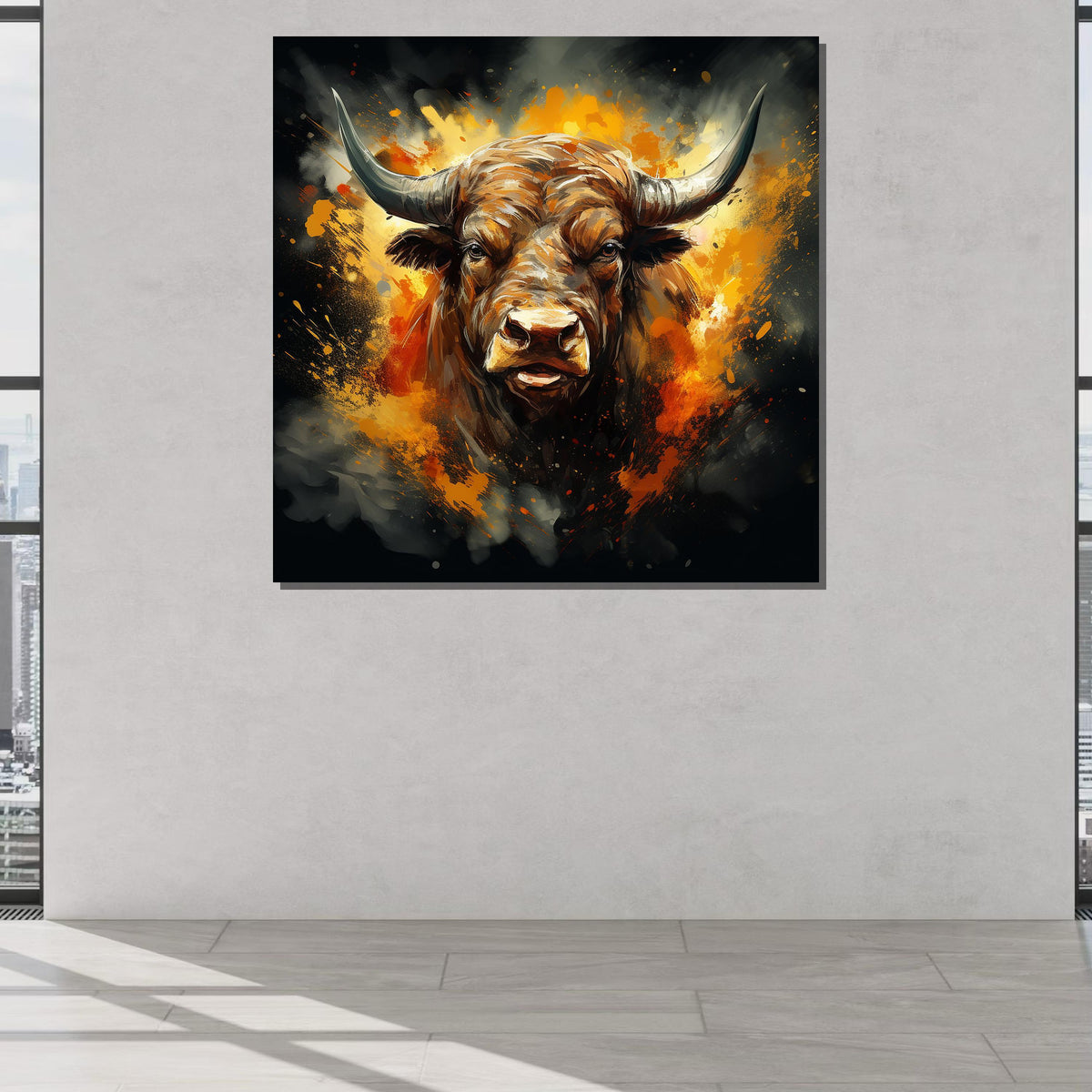 Fiery Bull Canvas Art, Bold Animal Wall Decor, Abstract Bull Painting, Powerful Bull Portrait, Dynamic Bull Artwork, Ready to Hang Canvas