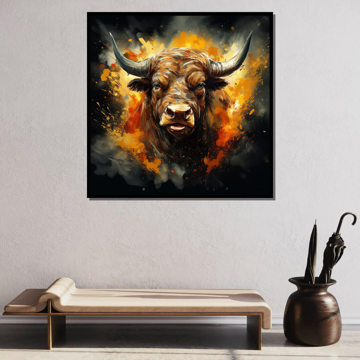 Fiery Bull Canvas Art, Bold Animal Wall Decor, Abstract Bull Painting, Powerful Bull Portrait, Dynamic Bull Artwork, Ready to Hang Canvas