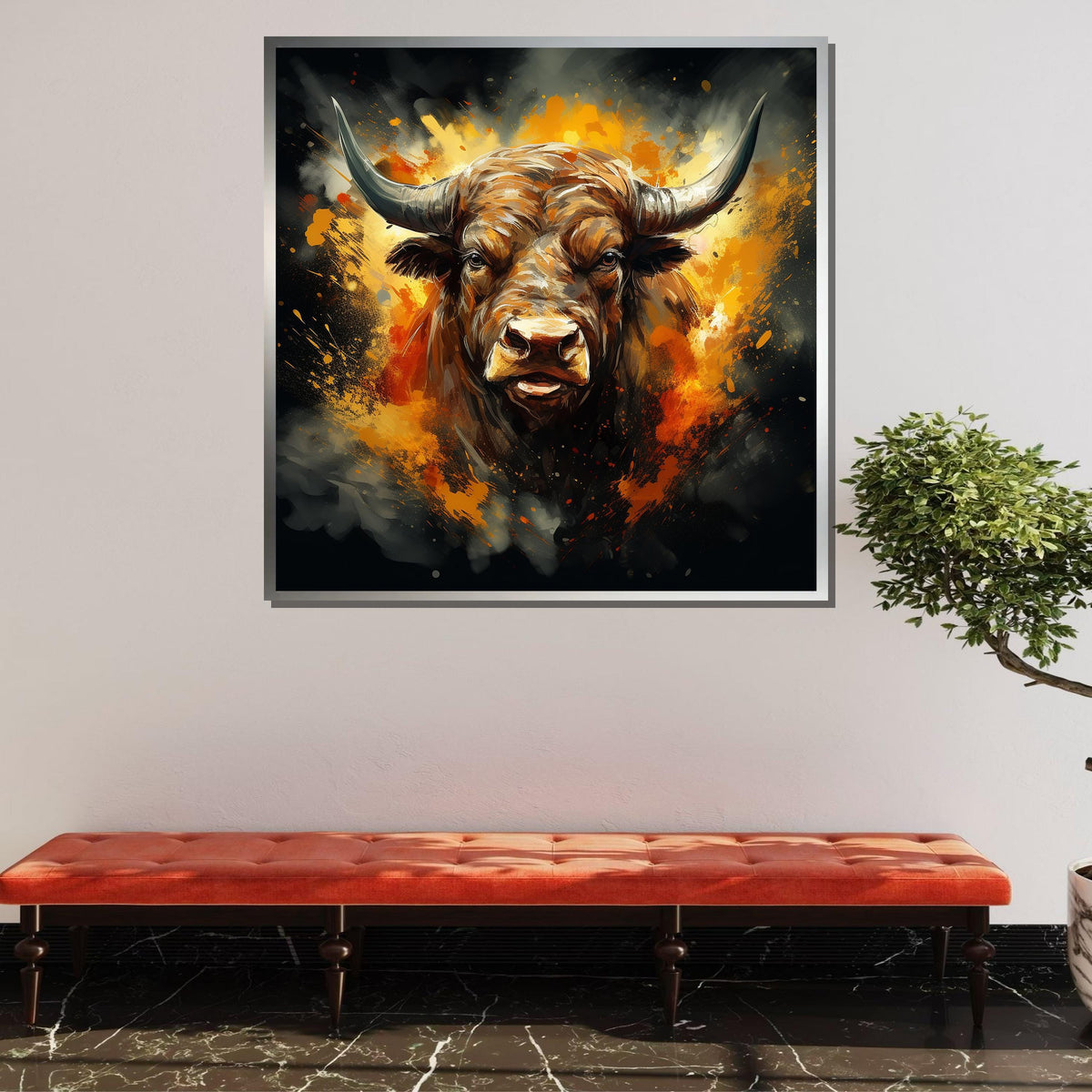 Fiery Bull Canvas Art, Bold Animal Wall Decor, Abstract Bull Painting, Powerful Bull Portrait, Dynamic Bull Artwork, Ready to Hang Canvas