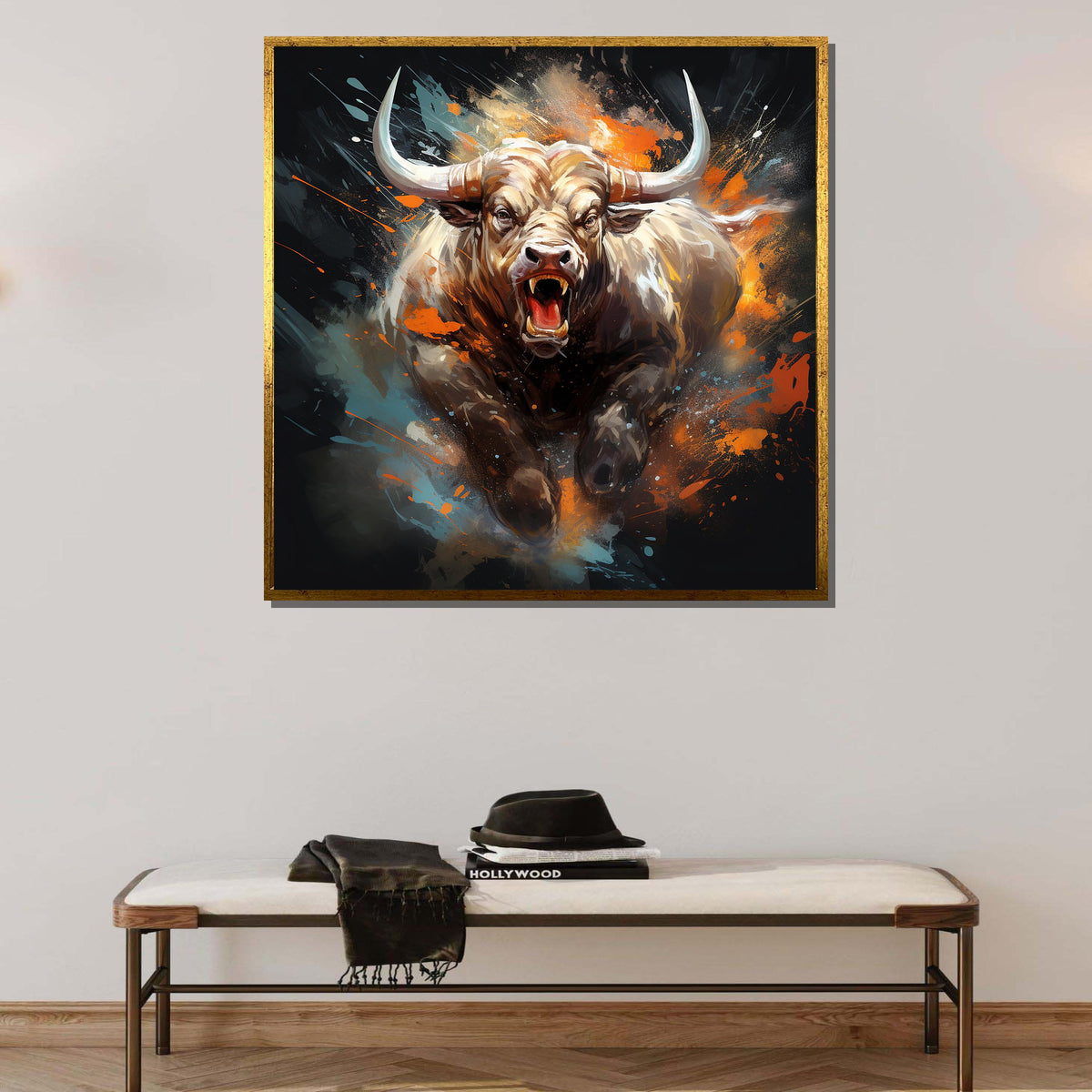 Bull Canvas Art, Intense Bull Wall Decor,Dynamic Animal Painting,Animal Decor,Fiery Bull Portrait, PowerfulBull Artwork,Ready to Hang Canvas