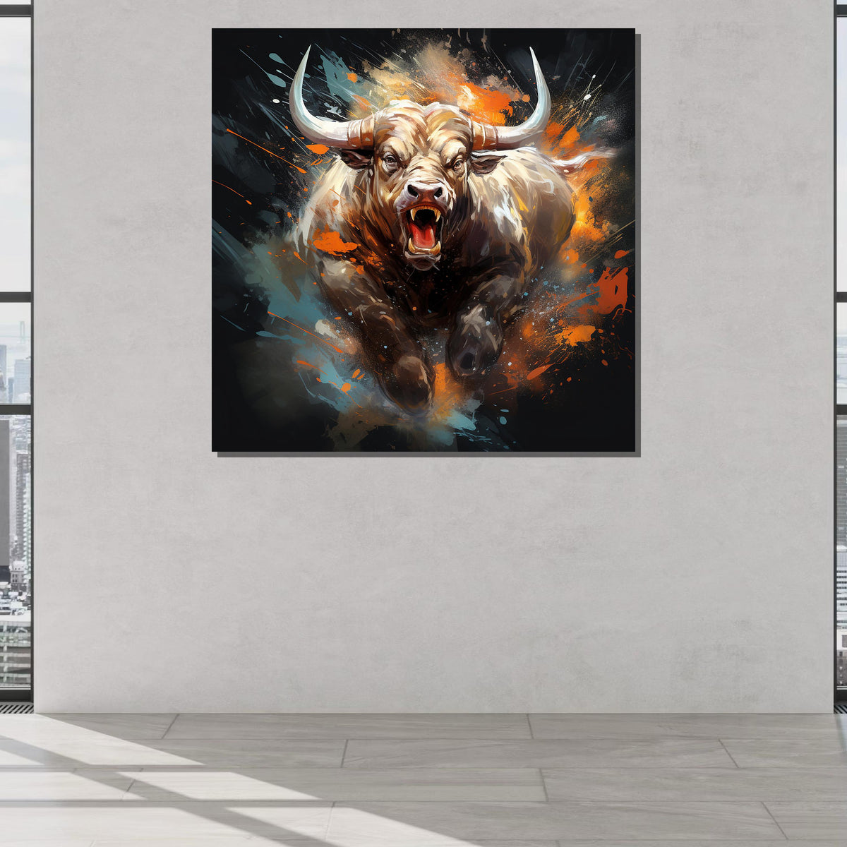Bull Canvas Art, Intense Bull Wall Decor,Dynamic Animal Painting,Animal Decor,Fiery Bull Portrait, PowerfulBull Artwork,Ready to Hang Canvas
