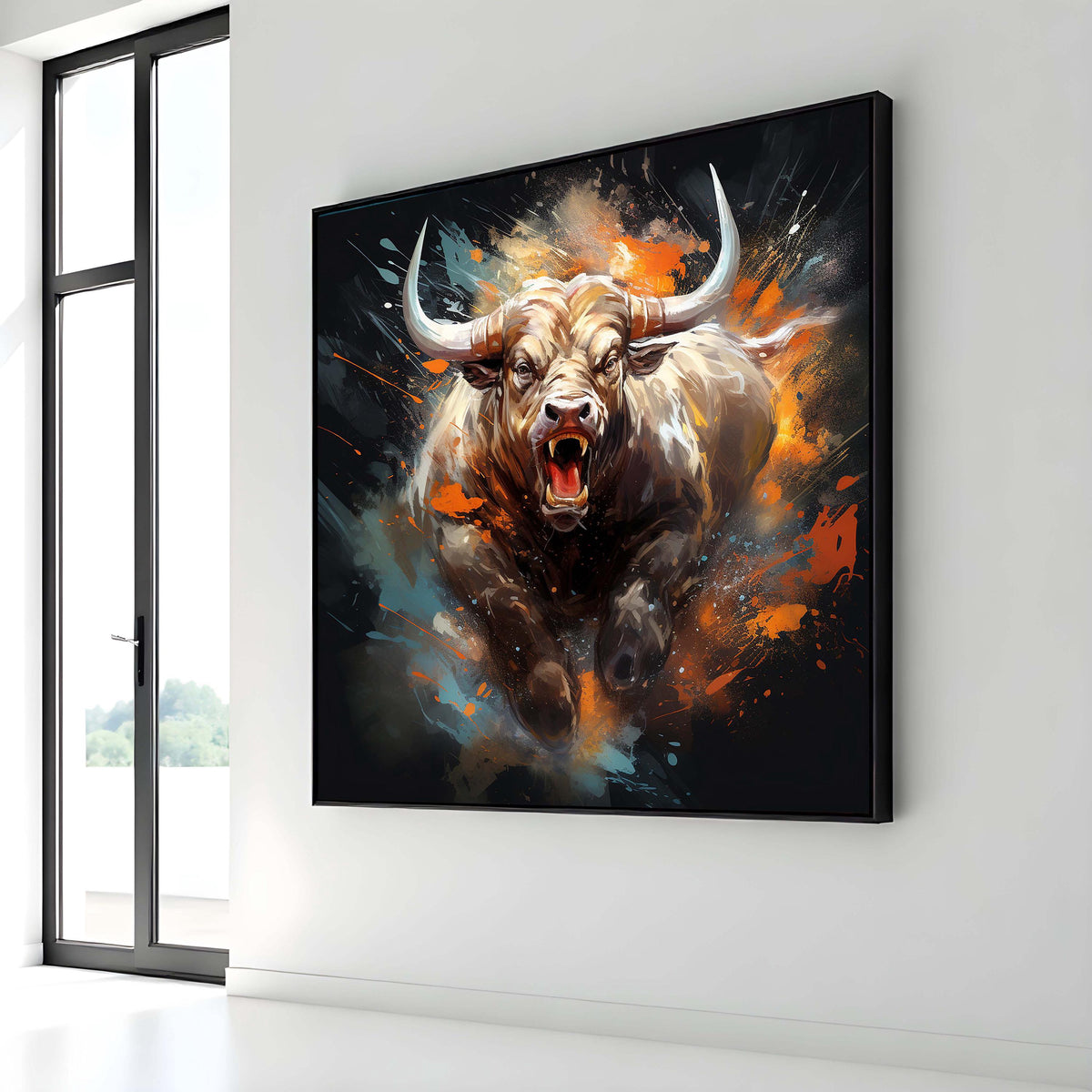 Bull Canvas Art, Intense Bull Wall Decor,Dynamic Animal Painting,Animal Decor,Fiery Bull Portrait, PowerfulBull Artwork,Ready to Hang Canvas