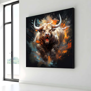 Bull Canvas Art, Intense Bull Wall Decor,Dynamic Animal Painting,Animal Decor,Fiery Bull Portrait, PowerfulBull Artwork,Ready to Hang Canvas