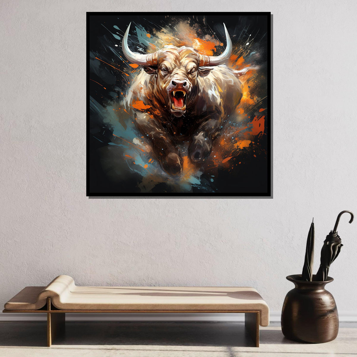 Bull Canvas Art, Intense Bull Wall Decor,Dynamic Animal Painting,Animal Decor,Fiery Bull Portrait, PowerfulBull Artwork,Ready to Hang Canvas