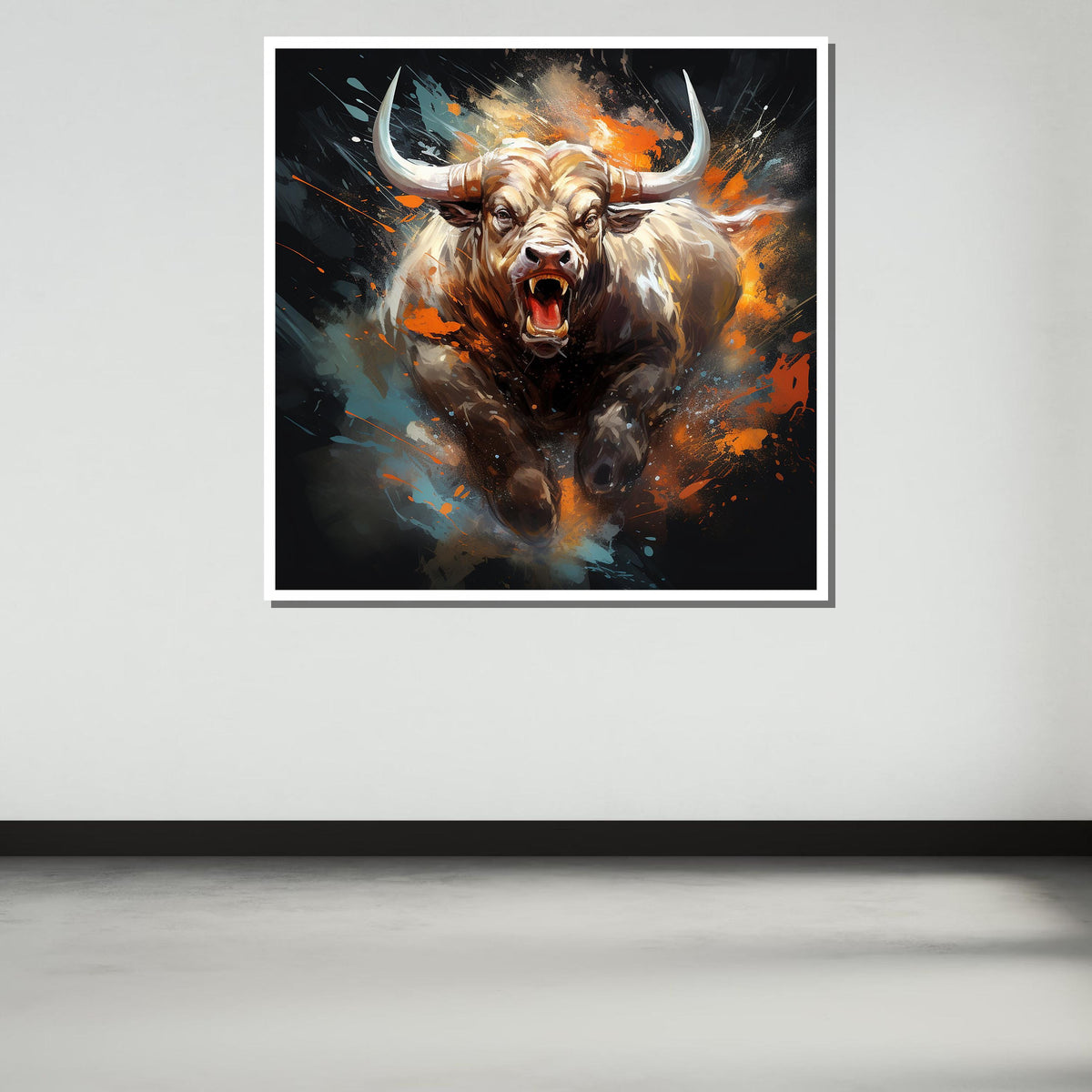 Bull Canvas Art, Intense Bull Wall Decor,Dynamic Animal Painting,Animal Decor,Fiery Bull Portrait, PowerfulBull Artwork,Ready to Hang Canvas