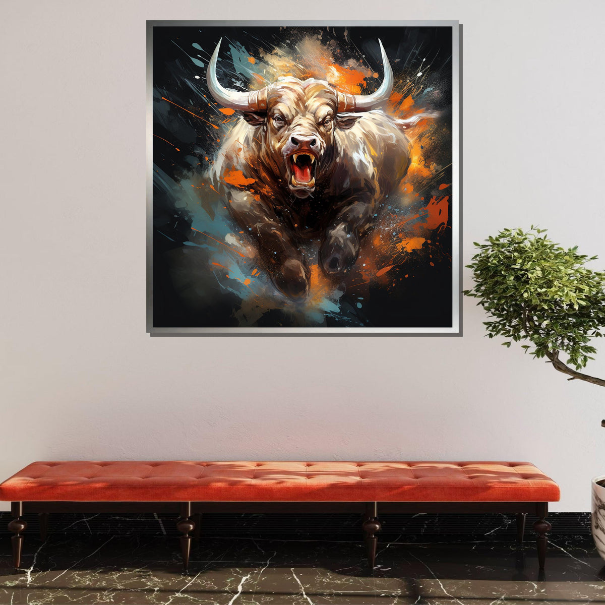 Bull Canvas Art, Intense Bull Wall Decor,Dynamic Animal Painting,Animal Decor,Fiery Bull Portrait, PowerfulBull Artwork,Ready to Hang Canvas