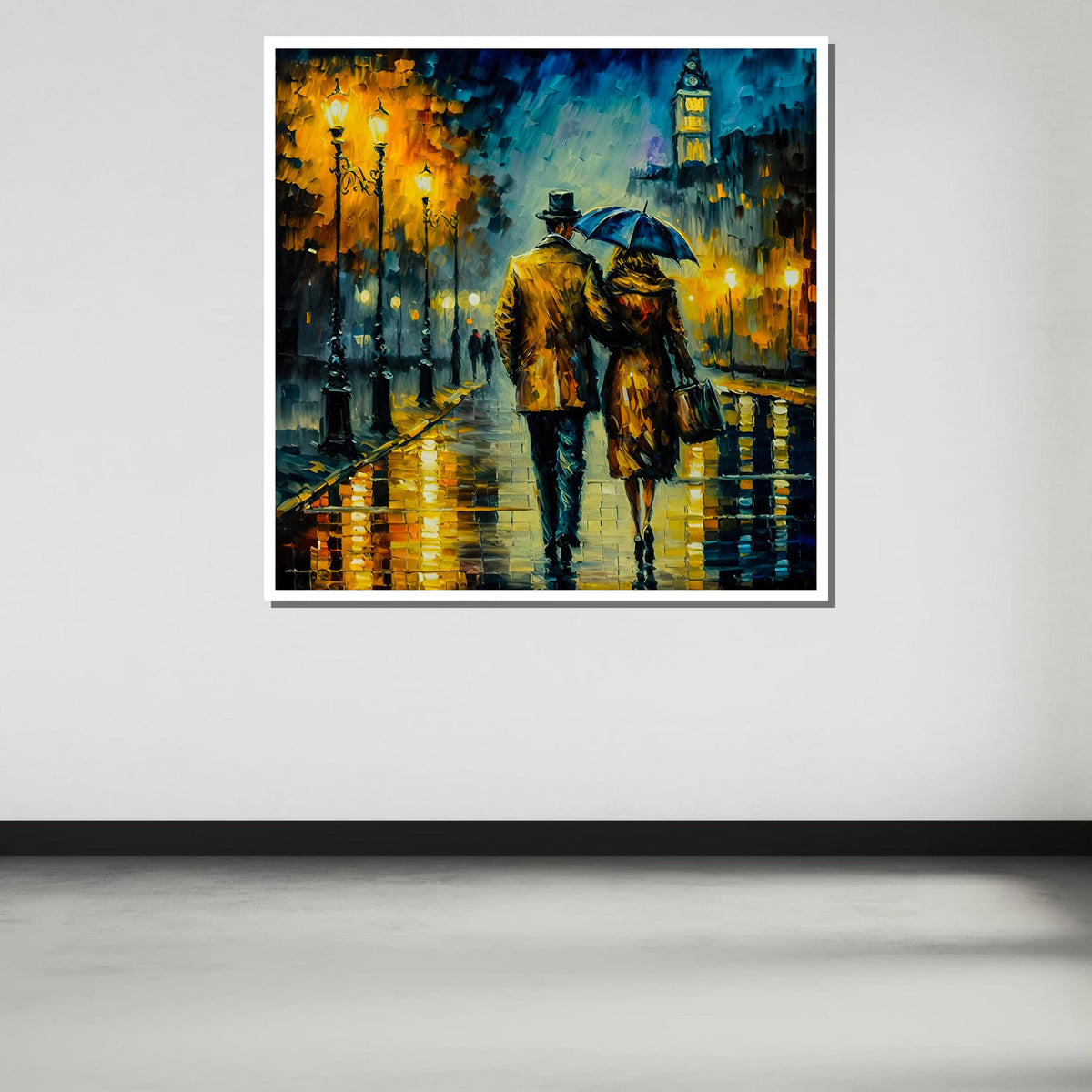 Romantic City Walk Canvas Art, Rainy Night Couple Painting, Vintage Street Scene Wall Art, Lovers Under Umbrella, Evening Lights Decor