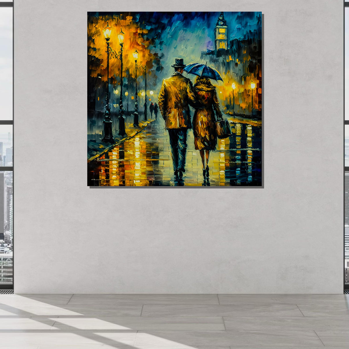 Romantic City Walk Canvas Art, Rainy Night Couple Painting, Vintage Street Scene Wall Art, Lovers Under Umbrella, Evening Lights Decor