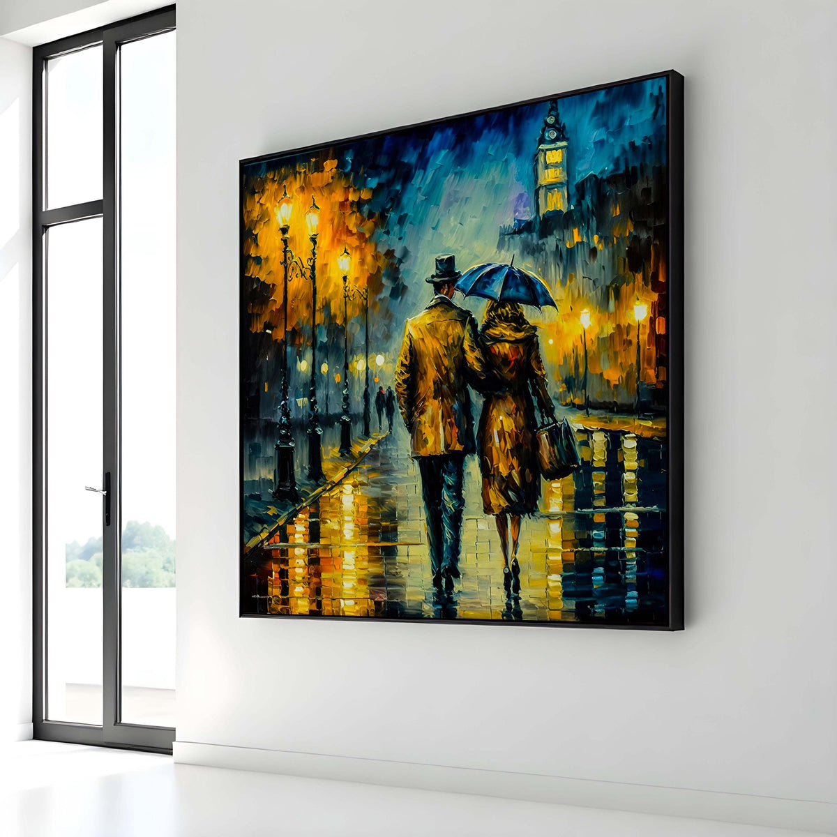 Romantic City Walk Canvas Art, Rainy Night Couple Painting, Vintage Street Scene Wall Art, Lovers Under Umbrella, Evening Lights Decor