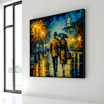Romantic City Walk Canvas Art, Rainy Night Couple Painting, Vintage Street Scene Wall Art, Lovers Under Umbrella, Evening Lights Decor