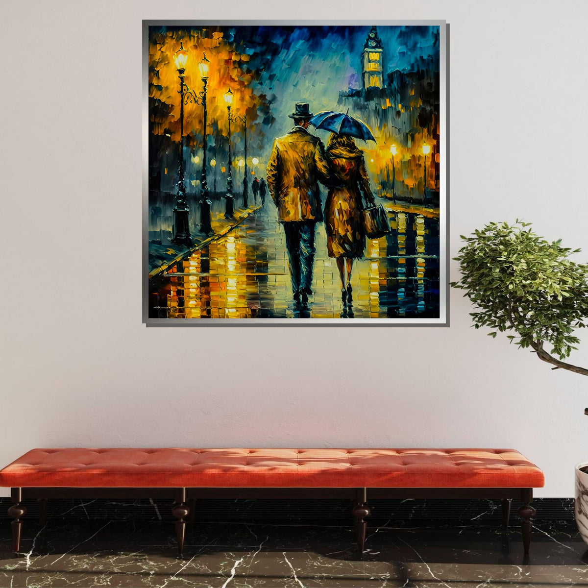 Romantic City Walk Canvas Art, Rainy Night Couple Painting, Vintage Street Scene Wall Art, Lovers Under Umbrella, Evening Lights Decor