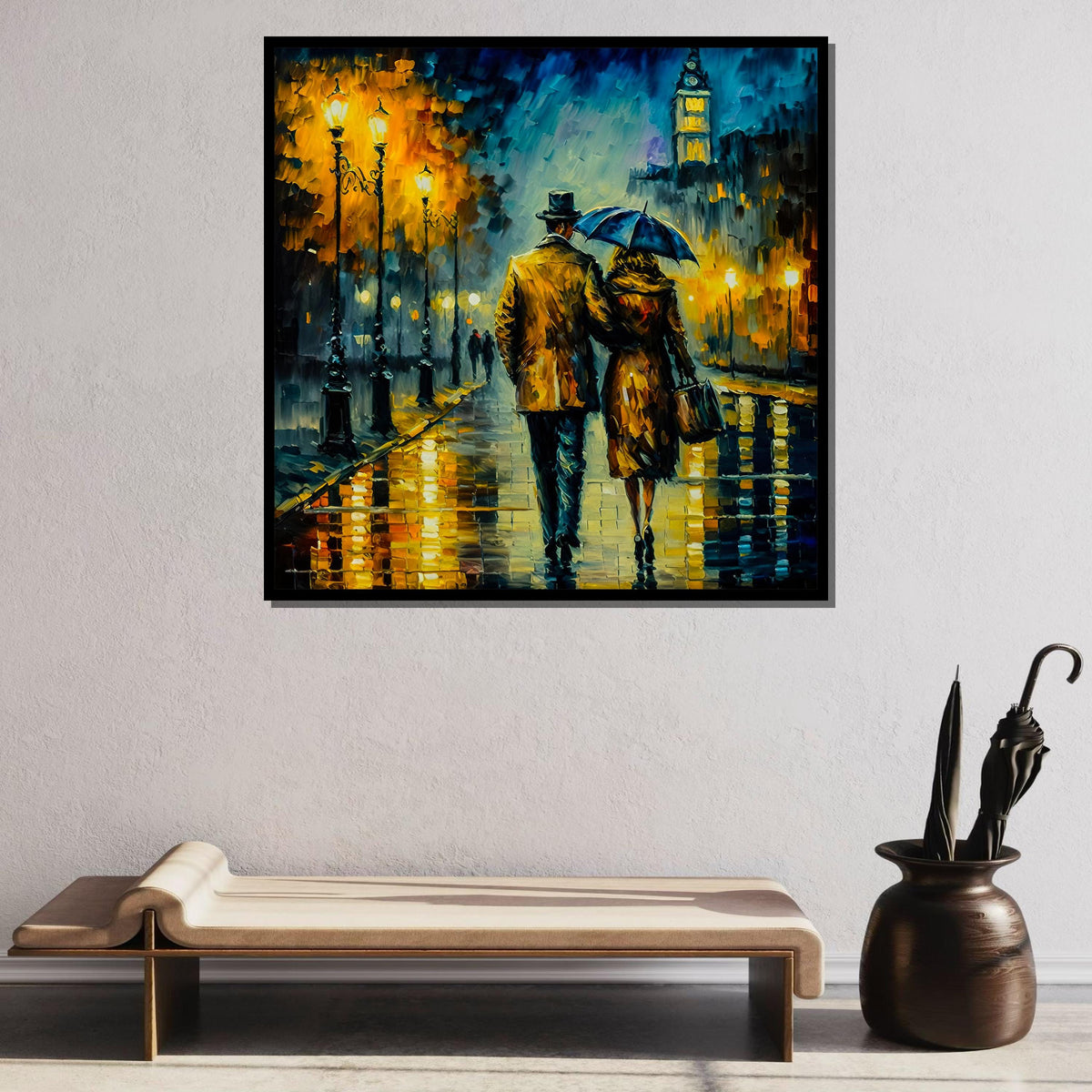 Romantic City Walk Canvas Art, Rainy Night Couple Painting, Vintage Street Scene Wall Art, Lovers Under Umbrella, Evening Lights Decor