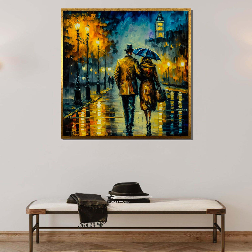 Romantic City Walk Canvas Art, Rainy Night Couple Painting, Vintage Street Scene Wall Art, Lovers Under Umbrella, Evening Lights Decor