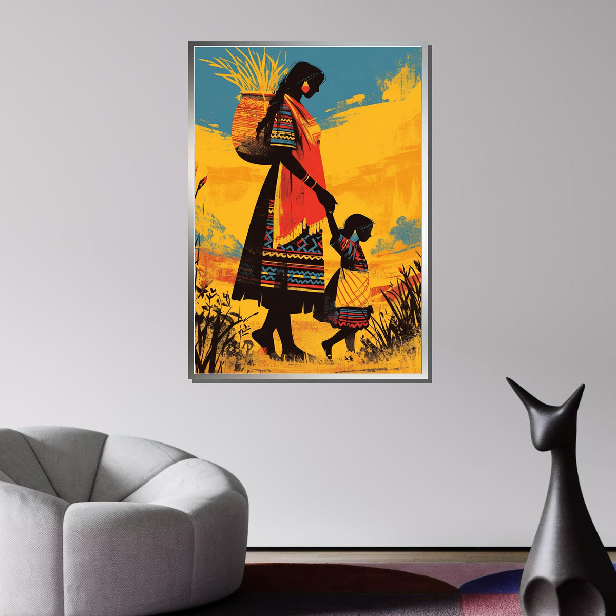 Mother and Child Canvas Art, Tribal Family Wall Decor, Traditional Culture Painting,Indigenous Heritage Art, Vibrant Folk Art Print,Wall Art