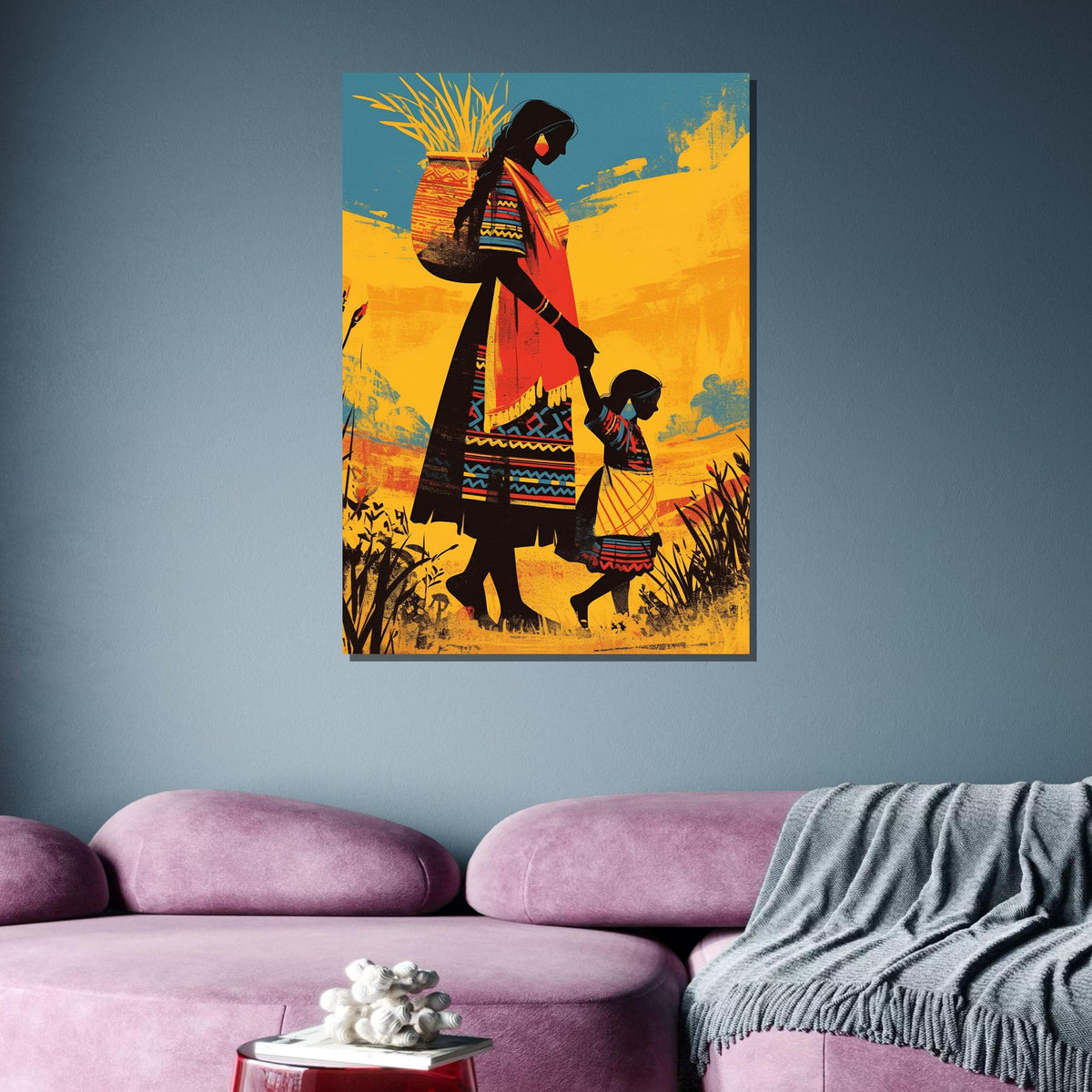 Mother and Child Canvas Art, Tribal Family Wall Decor, Traditional Culture Painting,Indigenous Heritage Art, Vibrant Folk Art Print,Wall Art
