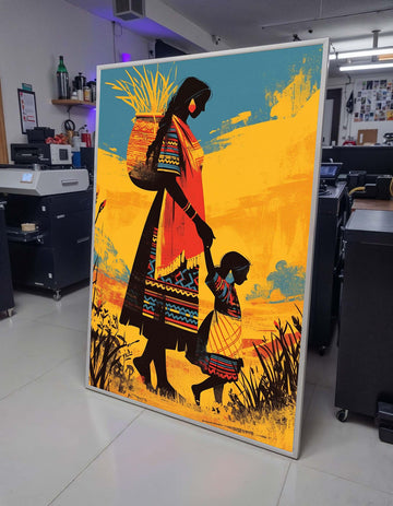 Mother and Child Canvas Art, Tribal Family Wall Decor, Traditional Culture Painting,Indigenous Heritage Art, Vibrant Folk Art Print,Wall Art