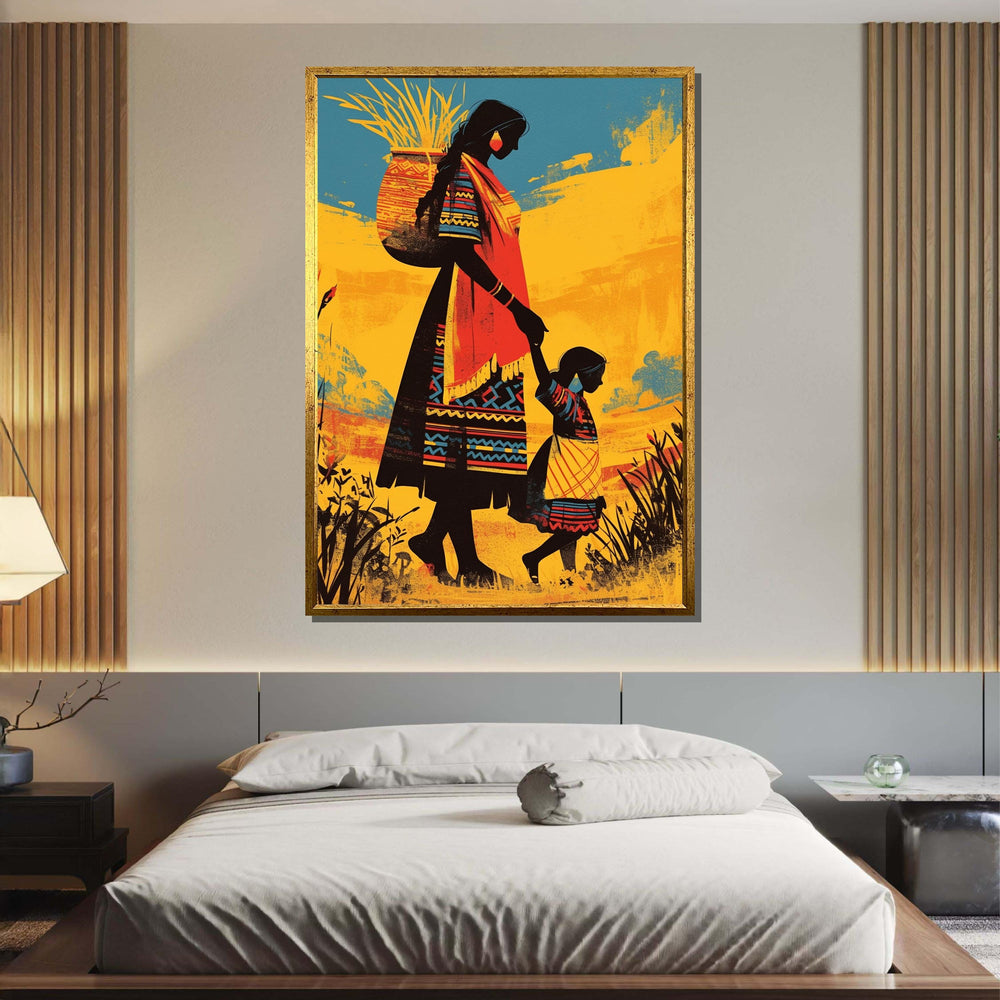 Mother and Child Canvas Art, Tribal Family Wall Decor, Traditional Culture Painting,Indigenous Heritage Art, Vibrant Folk Art Print,Wall Art