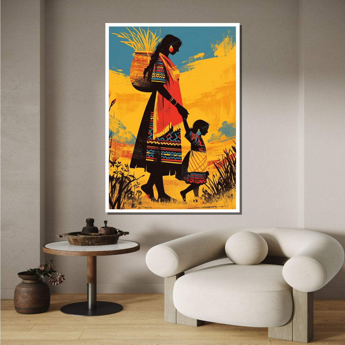 Mother and Child Canvas Art, Tribal Family Wall Decor, Traditional Culture Painting,Indigenous Heritage Art, Vibrant Folk Art Print,Wall Art
