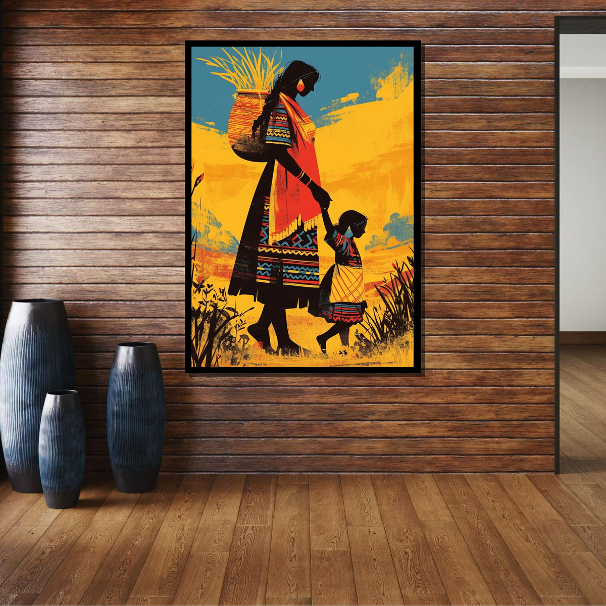 Mother and Child Canvas Art, Tribal Family Wall Decor, Traditional Culture Painting,Indigenous Heritage Art, Vibrant Folk Art Print,Wall Art