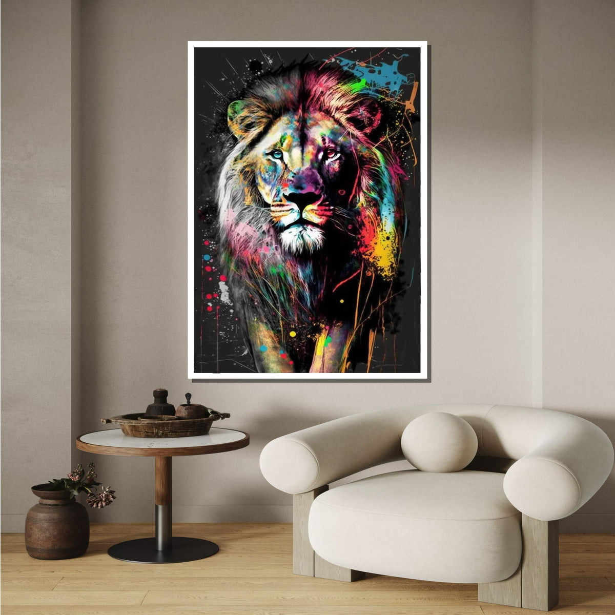 Colorful Lion Canvas Art, Abstract Animal Portrait, Bold Lion Wall Decor,Multicolor Splatter Lion, Vibrant Wildlife Art,Framed Ready to Hang
