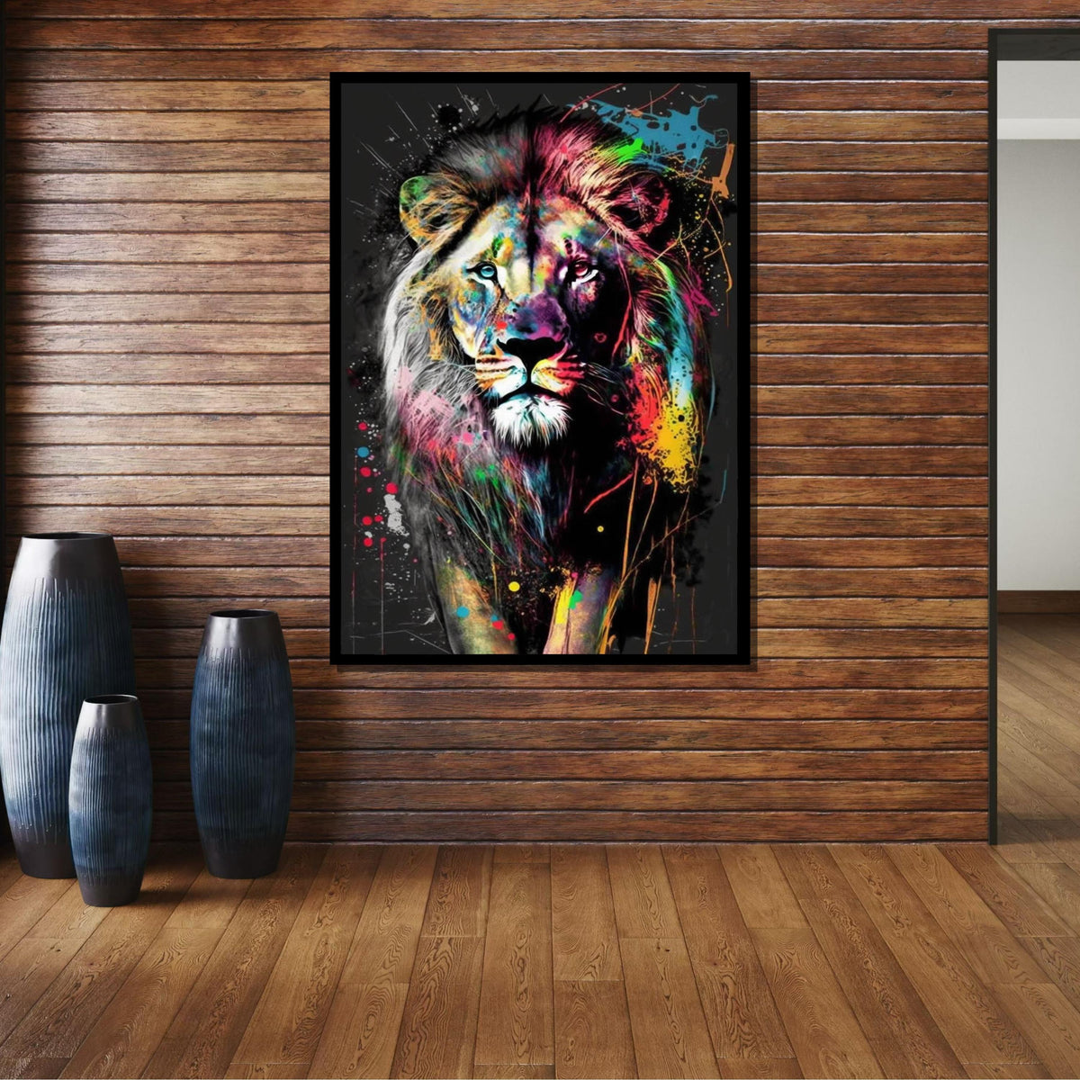 Colorful Lion Canvas Art, Abstract Animal Portrait, Bold Lion Wall Decor,Multicolor Splatter Lion, Vibrant Wildlife Art,Framed Ready to Hang