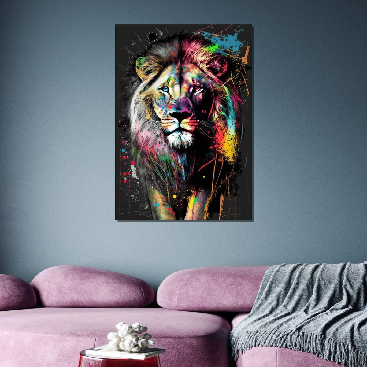 Colorful Lion Canvas Art, Abstract Animal Portrait, Bold Lion Wall Decor,Multicolor Splatter Lion, Vibrant Wildlife Art,Framed Ready to Hang