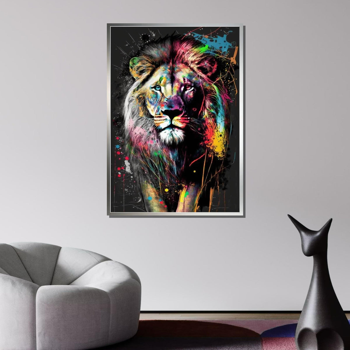 Colorful Lion Canvas Art, Abstract Animal Portrait, Bold Lion Wall Decor,Multicolor Splatter Lion, Vibrant Wildlife Art,Framed Ready to Hang